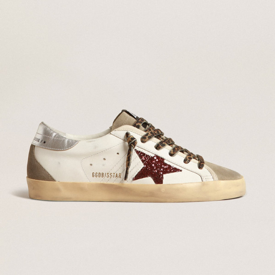 Golden Goose Super-Star with Burgundy Glitter Star & Silver Heel Tab - Golden Goose ayakkabı - görsel 1 | ZAINI